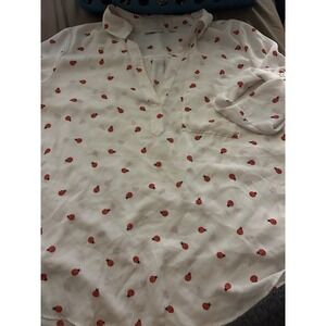 New York & Company Ladybug Print Blouse Women's Large Pink Red Novelty Top